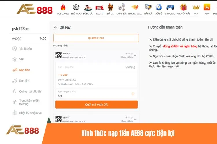Hình thức nạp tiền AE88 cực tiện lợi